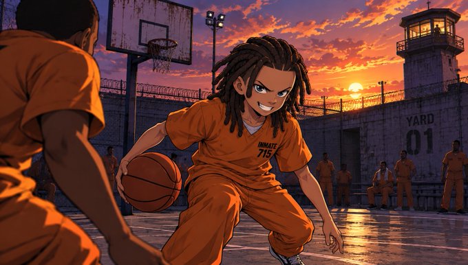 An anime-style illustration shows a confident inmate with dreadlocks, wearing an orange jumpsuit labeled "INMATE 715," dribbling a basketball in a prison yard marked "YARD 01" at sunset, with a guard tower, watchtower, and other inmates watching from the sidelines. The image ties to the post by visualizing the "Great Escape" narrative—capturing the tension and defiance of a prisoner poised to break free, symbolizing the upcoming NFT launch of 4,444 collectible inmates ready to escape on September 25.