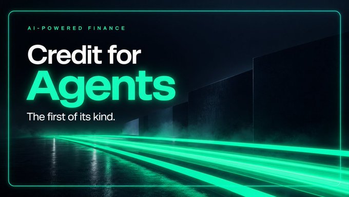 A dark promotional graphic with green glowing light streaks features the text 'AI-POWERED FINANCE', 'Credit for Agents', and 'The first of its kind.'