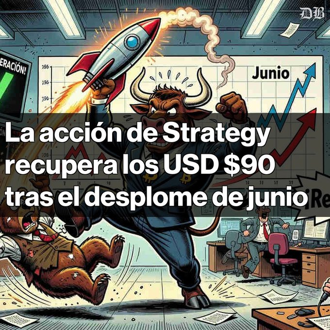 A cartoonish illustration of a suited bull holding a rocket accompanies a Spanish-language headline that translates to: 'Strategy's stock recovers $90 USD after the June crash'.
