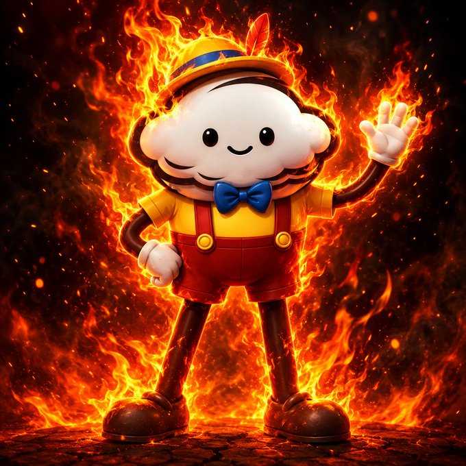 A mascot character with a large smiling bun-shaped head, wearing a yellow shirt, red overalls, and a small hat, waves while surrounded by intense flames.