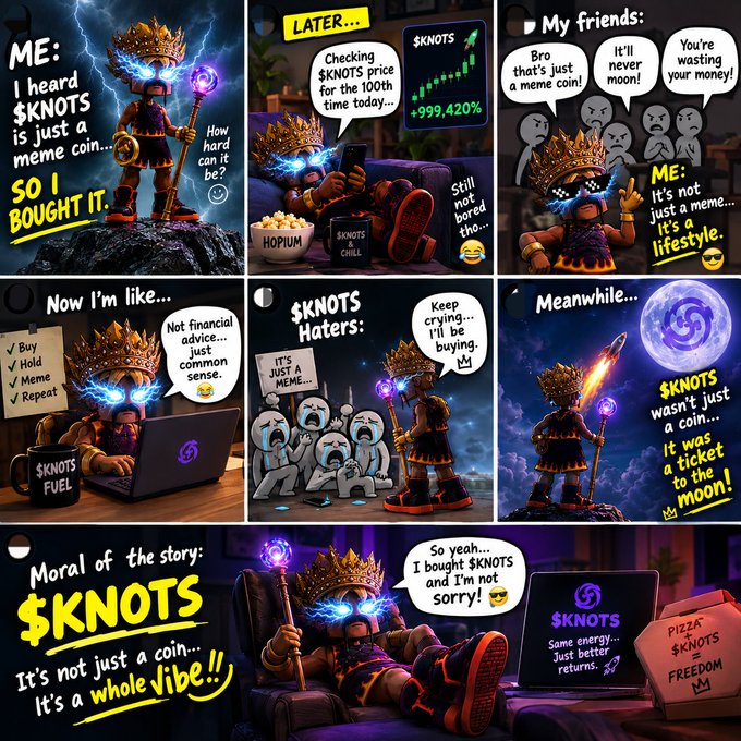 A dramatic meme comic featuring a crowned, glowing-eyed king figure illustrates the journey of buying $KNOTS as a "meme coin," only to discover it's a "lifestyle" and "whole vibe," with panels showing massive +999.420% gains, friends calling it a "wasting of money," and a final panel declaring "$KNOTS - It's not just a coin... It's a whole vibe!" alongside a pizza box labeled "$KNOTS = FREEDOM."