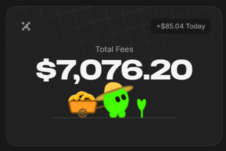 A dark-themed financial dashboard shows total fees of $7,076.20 with '+ $85.04 Today' and features a cartoon green sprout mascot wearing a straw hat next to a wheelbarrow of gold.