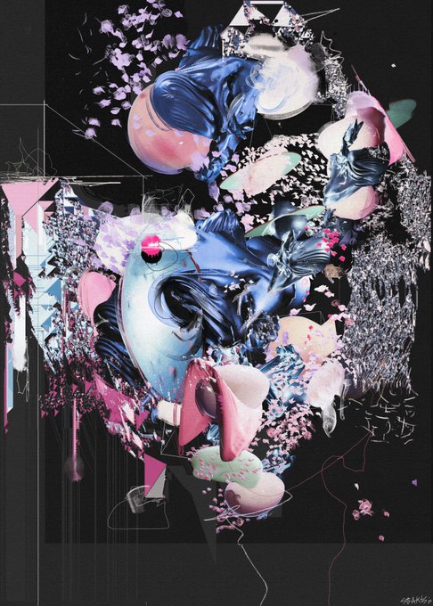 A vibrant abstract digital artwork featuring swirling pink, blue, and black forms with scattered petal-like particles against a dark background, matching the post's announcement of an NFT release titled "F( )rm. as/Fctn/5" on the Objkt platform, with the first edition collected by @fabriziobrarez.