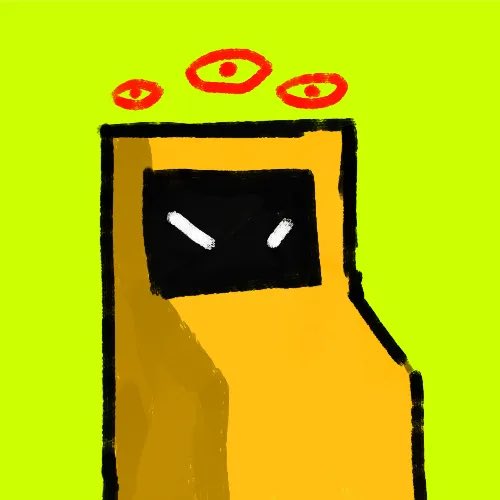 A child-like digital drawing features a yellow arcade cabinet-like character with an angry black face and three red eye-shaped halos floating above it. The whimsical, retro-gaming imagery seems to playfully illustrate the post's bullish sentiment toward Stonkbrokers floor valuation, with the energized "eyes-above" depiction symbolizing heightened market excitement and perception of the project being undervalued.