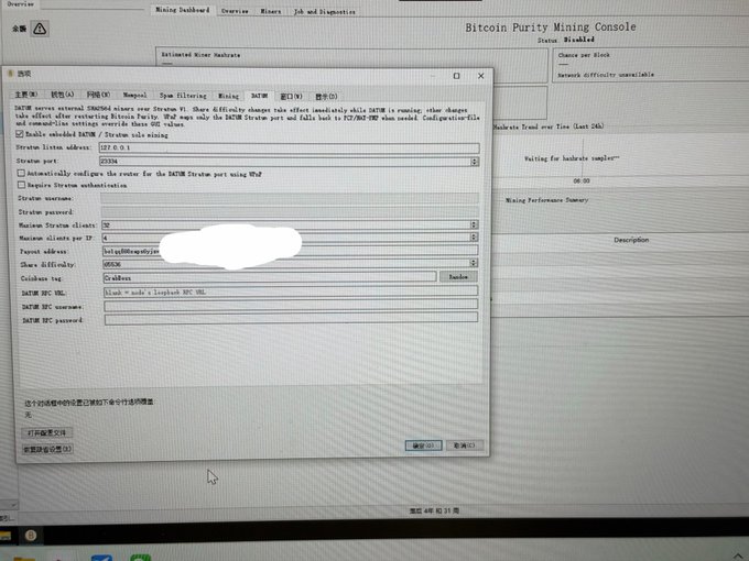 A screenshot of a 'Bitcoin Purity Mining Console' settings dialog box in Chinese BAT file configuration, showing options for stratum server, port (3333), client address, and other mining parameters.