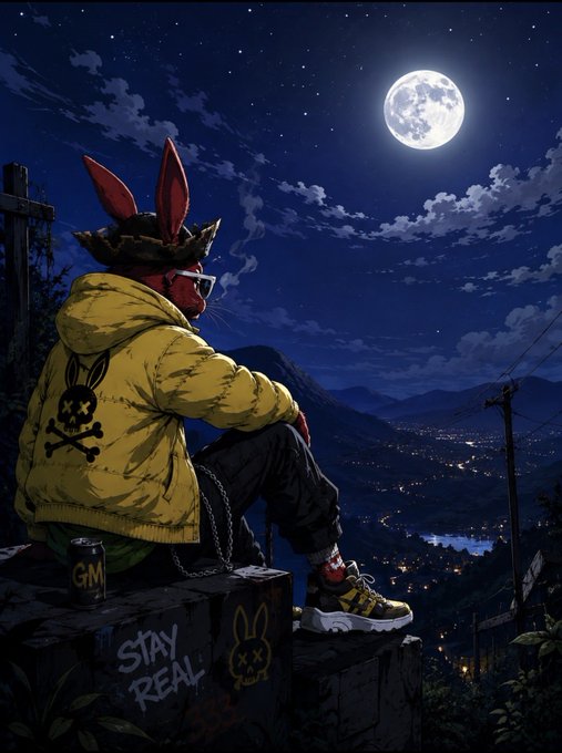 A stylized illustration of a person with bunny ears wearing a yellow hoodie with skull designs, sitting on a cliff overlooking a city valley under a full moon, with 'STAY REAL' graffiti on a nearby box.
