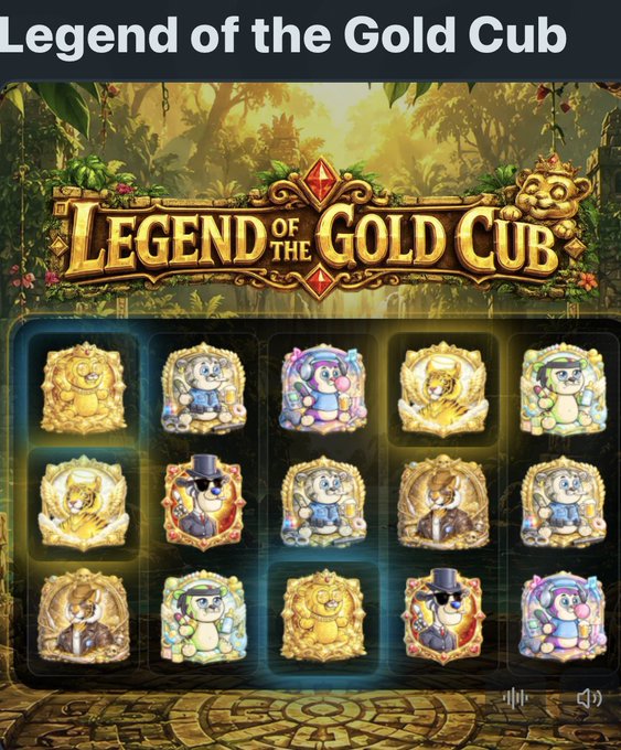 A slot machine game interface titled 'Legend of the Gold Cub' displaying a grid of 15 character symbols featuring various cartoon animals and figures on golden frames.