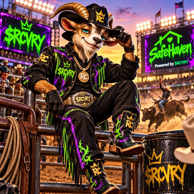 A digital illustration of an anthropomorphic goat wearing a black cowboy outfit with neon green and purple accents, featuring '$RCVRY' and 'SafeHaven' logos, with a rodeo scene visible in the background.