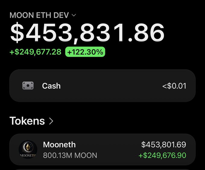 A portfolio screenshot showing MOON ETH DEV holdings worth $453,831.86, including 800.13M Mooneth tokens with a +122.30% gain.