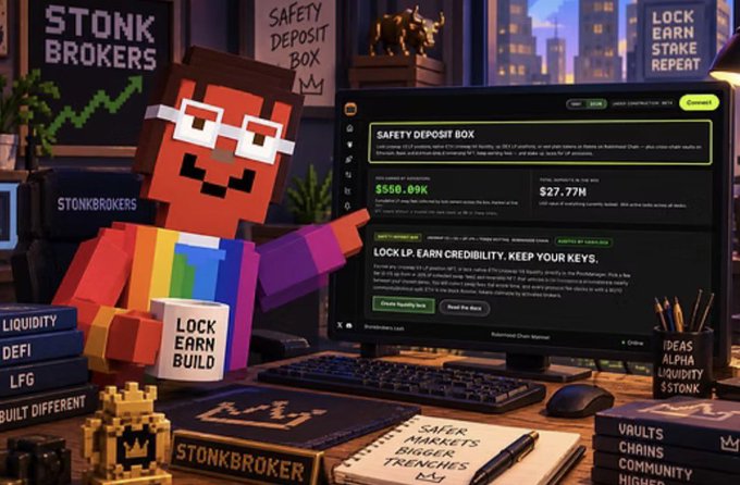 A Minecraft-style character with pixelated glasses holds a mug labeled "LOCK EARN BUILD" at a desk with a computer displaying "STONK BROKERS," "SAFETY DEPOSIT BOX," and "LOCK EARN STAKE REPEAT."