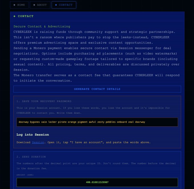 A contact page for CYBERLEEK advertising secure Monero-based contact for ad placements, gaming footage deals, and exclusive content opportunities.