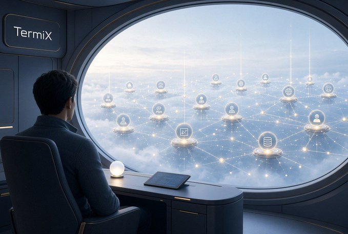 A man sits in a futuristic chair with a large curved window displaying a cloud network of icons. The word "Termix" is visible on the left wall.
