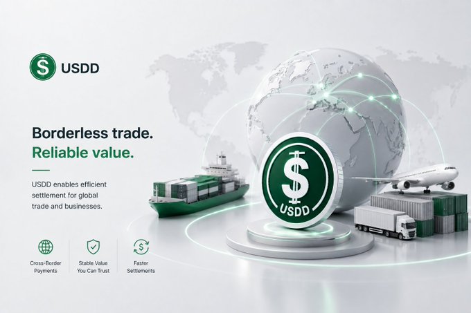 A promotional graphic for USDD, featuring a green dollar coin emblem on a podium beside a globe with connecting lines, a cargo ship, airplane, and shipping containers, with text reading "Borderless trade. Reliable value." and highlighting USDD's role in cross-border payments, stable value, and faster settlements. The imagery visually reinforces the message by depicting global trade infrastructure (shipping, aviation, logistics) connected through a networked world, symbolizing how USDD enables dependable dollar-denominated settlement across international commerce.