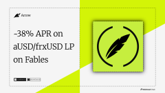 A yellow and white promotional graphic showing '-38% APR on aUSD/frxUSD LP on Fables' with a feather quill logo and Aerodrome/Pendle branding.