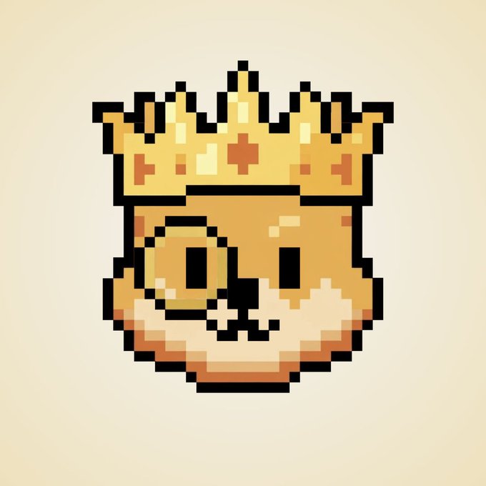 A pixel art illustration of a cartoon king's head wearing a golden crown, set against a beige background.