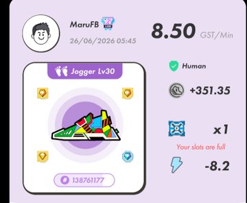 A screenshot from the StepN app shows user "MaruFB" with a Level 30 "Jogger" sneaker NFT, an energy rate of 8.50 GST/Min, and 351.35 GST earned during a morning walking session, aligning with the post's reference to a "morning activity walk" using the #STEPN and #STEPNGO invite code 56435746.