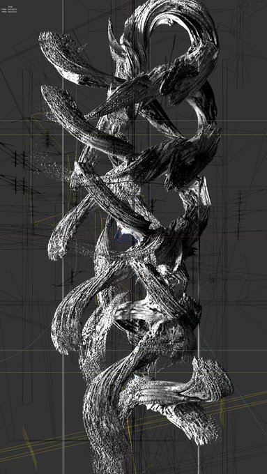 A tall, twisting, dark metallic or stone-like 3D structure rendered in black and white, resembling intertwined thorny vines or abstract carved forms against a gridded background.