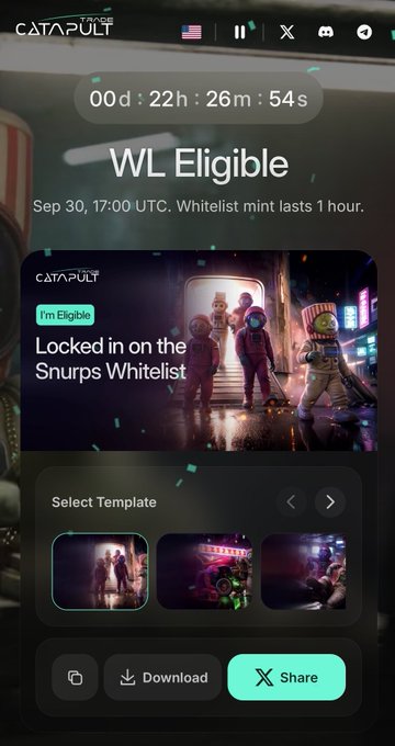 A Catapult mobile app screen showing a 'WL Eligible' countdown of 00d 22h 26m 54s for a Sep 30, 17:00 UTC whitelist mint lasting 1 hour, featuring an 'I'm Eligible' badge that says 'Locked in on the Snurps Whitelist' above a template selector.