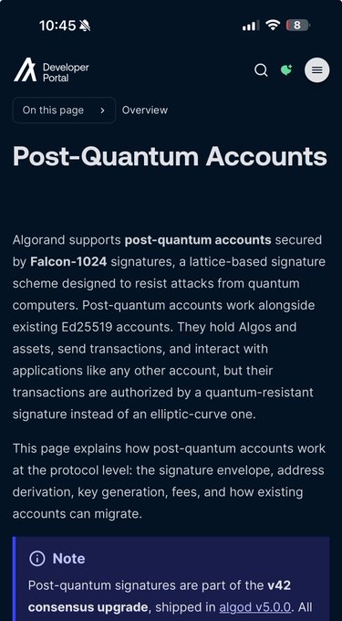 A mobile screenshot of the Algorand Developer Portal explaining 'Post-Quantum Accounts' secured by Falcon-1024 signatures, noting the v42 consensus upgrade shipped in algod v5.0.0.