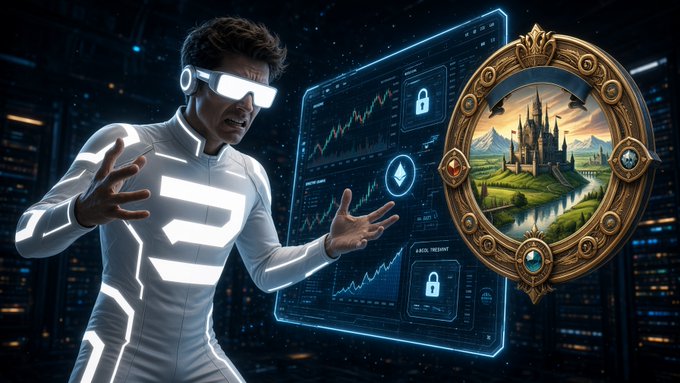 A digital artwork depicting a man in a futuristic white suit and glowing VR headset interacting with holographic trading charts and a fantasy castle portal.