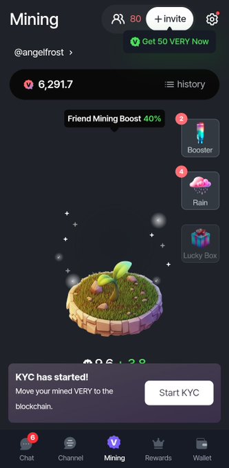 Mining screen from a crypto app showing @angelfrost with 6,291.7 tokens, 'Friend Mining Boost 40%', options for Booster, Rain, and Lucky Box, and a notice that 'KYC has started!'