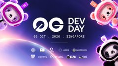 A colorful promotional banner for "0G DEV DAY" on 05 OCT 2026 in Singapore, featuring a pink astronaut character and a cartoon panda against a cosmic-themed background, with the post referencing the quirky gathering of robots, builders, and a panda at the event during TOKEN2049 week.