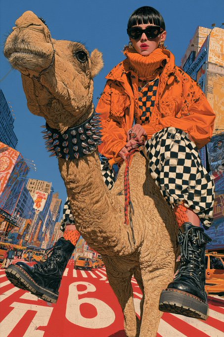 A high-fashion editorial photo of a woman with a short bob wearing an orange jacket and checkered pants riding a camel in a city street setting.