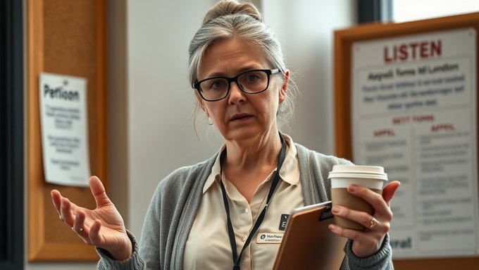 A woman with glasses and a lanyard holds a coffee cup and gestures with her hand while speaking, standing near framed posters with text including 'LISTEN' and 'Petition'.