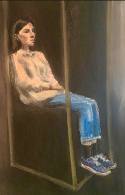 The image features an oil painting depicting a woman sitting on a swing with her legs crossed. The painting has a dark background that contrasts with the lighter elements, such as the white shirt of the woman and blue jeans she's wearing. The artist has used a realistic style for this piece, capturing the details of the scene.