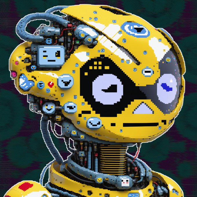 A pixel art illustration depicts a yellow robotic head with exposed wiring, mechanical components, and a large circular eye against a camouflage-patterned background.