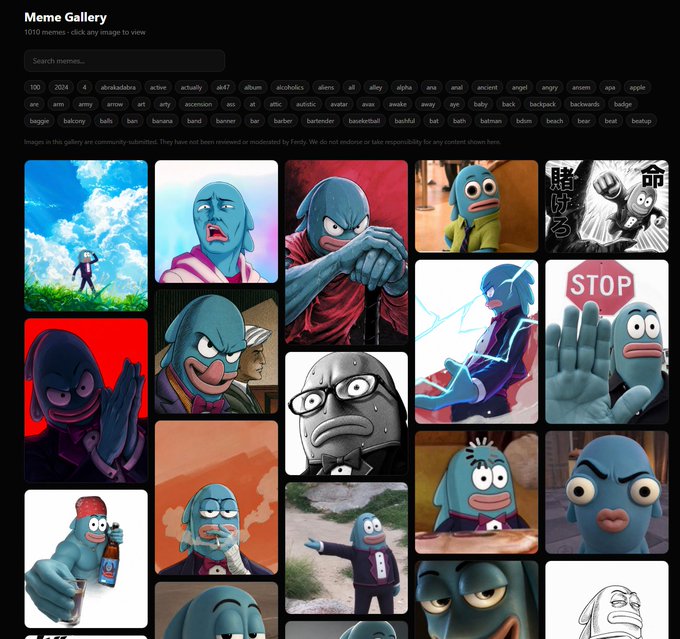 A screenshot of Ferdy's Meme Gallery displaying a collection of 1,010 community-submitted images tagged with searchable keywords like "abrakadabra," "anime," and "ape." The interface features a search bar, filter tags, and various blue cartoon character memes, demonstrating the well-organized and easily searchable gallery praised in the post.