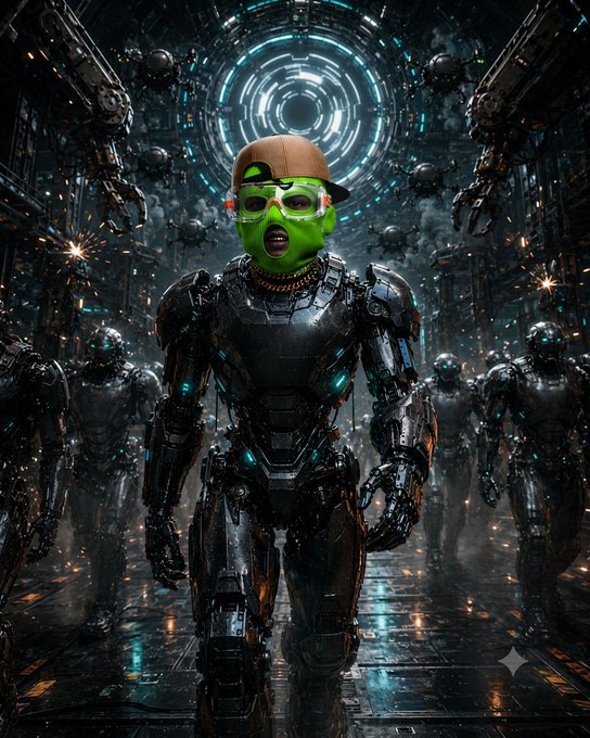 A green-faced character with a gold chain and backward cap stands centered in futuristic black robotic armor, flanked by an army of similar mechs inside a sci-fi chamber with a glowing blue circular portal behind them. The image visually represents the post's theme of "seeing yourself in a robotics suit," symbolizing how envisioning one's future role in robotics goes beyond surface-level tasks to the deeper layers of task generation, simulation data, and human-driven learning referenced in the caption.