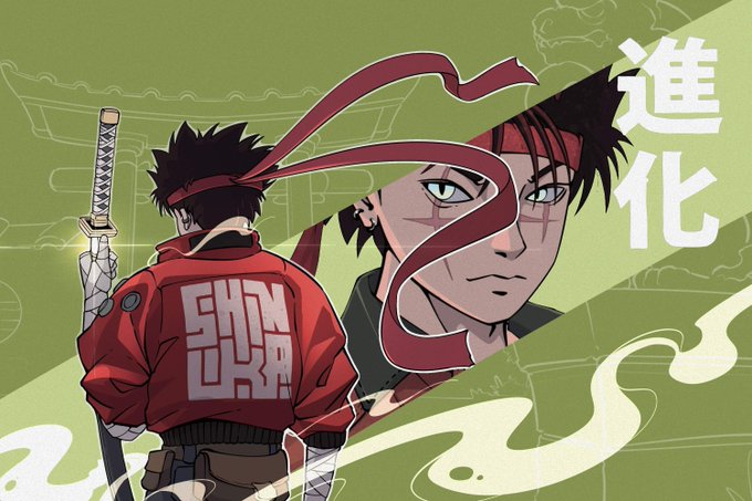 An anime-style illustration shows a samurai character wearing a red "SHINKA" jacket and headband, holding a katana, alongside a second face partially shown in a triangular frame with red ribbons flowing between them, and Japanese kanji "進化" (meaning "evolution") in the upper right against a green background with architectural elements.

The image directly promotes the ShinkaNFT giveaway, using the samurai "shinka" branding and the kanji "進化" (evolution) to visually reinforce the project's name and theme referenced in the post.