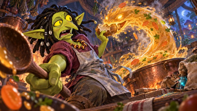 A green-skinned goblin chef with wild dreadlocks enthusiastically cooks in a magical kitchen, tossing a flaming spiral of food and vegetables from a giant pot while a small mouse sits nearby on the counter. The whimsical fantasy scene humorously matches the "ask the mouse" caption, as the little rodent appears to be the goblin's trusted culinary advisor amid the chaotic, enchanted cooking frenzy.