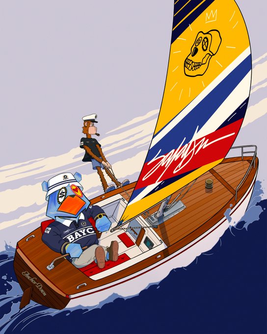 The image features two cartoon characters - one dressed as a sailor, wearing a blue shirt and white hat, and another character who appears to be a monkey or a bird with a sailboat design. The sailor is sitting at the front of the boat while the monkey or bird stands on top of it. They are sailing in rough waters, which adds an element of adventure to their journey. The post mentions that this series is called "Introducing Anchor Drops: a new series of limited-run BAYC collaborations." This suggests that there might be more stories and characters coming up with the series, each with its own unique style and theme.