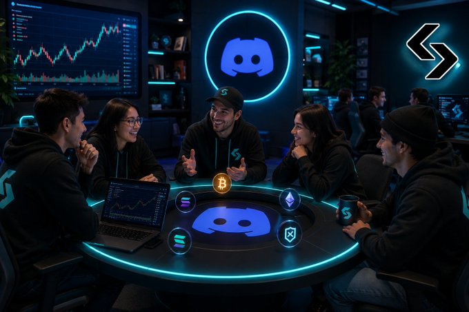 A group of people in hoodies gathered around a futuristic glowing table with cryptocurrency logos (Solana, Ethereum, Bitcoin, etc.) and a large Discord logo displayed on the wall behind them.