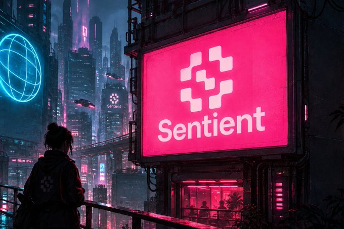 A cyberpunk-style digital artwork depicting a person looking out over a futuristic neon city at night, with a large bright pink billboard displaying the 'Sentient' logo and a blue neon globe sign nearby.