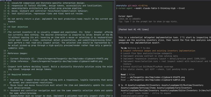 The image shows a code editor displaying a Cursor Agent prompt at the top (`claude-fable-5-thinking-high --trust`) alongside a detailed task brief criticizing the existing "clovelea-Fable-3" visual UI as cramped and recommending improvements to the IA, hover states, and dividers. This directly illustrates the post's description of using Claude's delegate-fable feature to spawn multiple Opus workers tasked with critiquing and improving a UI design based on specific criteria.
