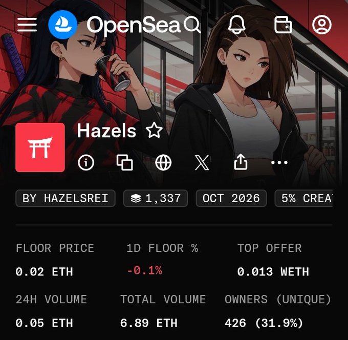 An OpenSea collection page for “Hazels” shows anime-style artwork and market details including “FLOOR PRICE 0.02 ETH,” “TOP OFFER 0.013 WETH,” “24H VOLUME 0.05 ETH,” and “TOTAL VOLUME 6.89 ETH.”