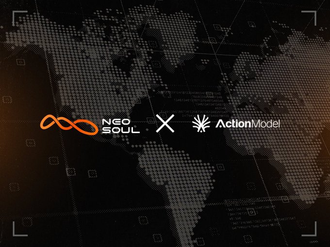 The image displays a collaboration banner between "NeoSoul" and "ActionModel" logos against a dark, dotted world map background, representing the partnership for the campaign on ActionFi mentioned in the post.