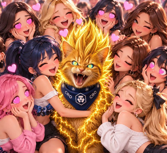 An anime-style illustration featuring a snarling, electrified golden cat wearing a 'CRO' bandana, surrounded by adoring women with heart eyes.