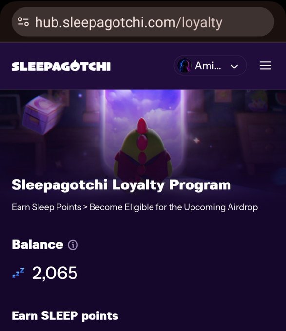 A mobile screenshot of the Sleepagotchi Loyalty Program website (hub.sleepagotchi.com/loyalty) showing a balance of 2,065 Sleep Points earned for an upcoming airdrop.