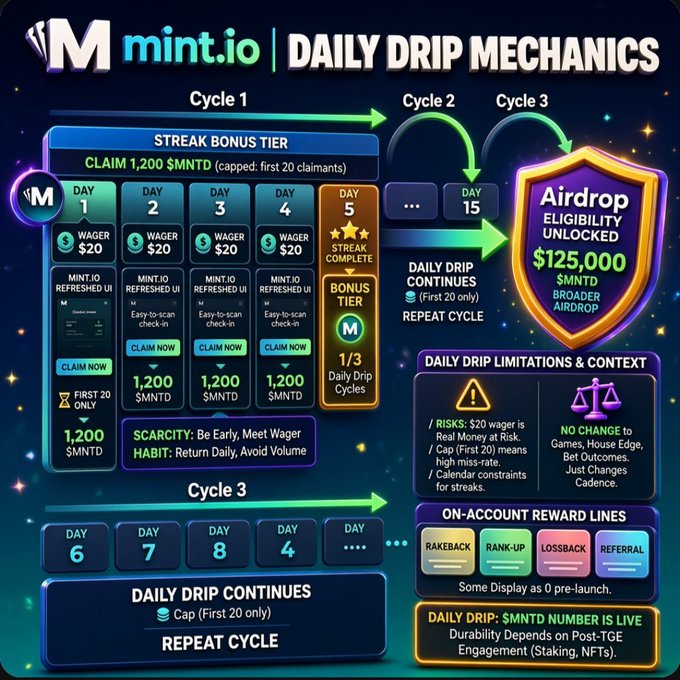 An infographic detailing the 'mint.io DAILY DRIP MECHANICS,' outlining Cycles 1 through 3 with streaks, daily claims, wagers, and an airdrop of $125,000 $MNTD.