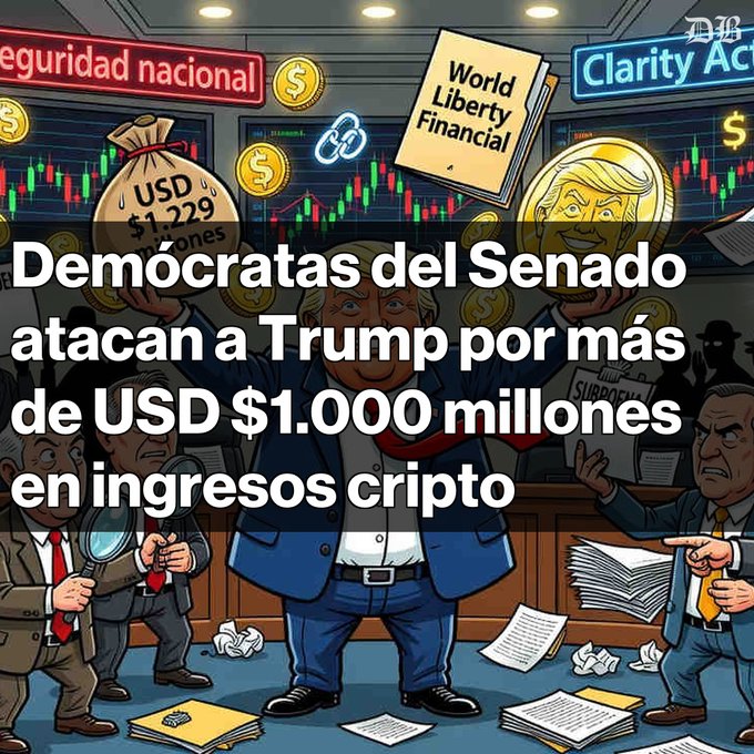 A political cartoon-style illustration with Spanish text reading 'Demócratas del Senado atacan a Trump por más de USD $1.000 millones en ingresos cripto', depicting Trump holding a money bag labeled 'USD $1,229' with various cryptocurrency and financial references in the background.