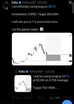 A Twitter/X post by Killa (@KillaXBT) shows two crypto trading announcements: an older swing long on $SBTC at 62.6K with a 150-160K target, and the new official swing long on $SOL with an invalidation at $8 and target of $1,000 for 1-2 years out. The chart imagery accompanies the bullish $SOL call from June 4, 2026.