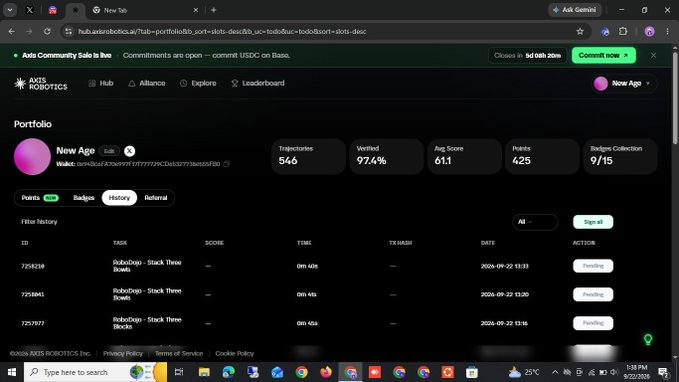A screenshot of the AXIS Robotics Hub website displays a user profile for 'New Age' with stats including 546 transactions, a 97.4% verification rate, and a history of Robodog - Stack Three Blocks tasks.