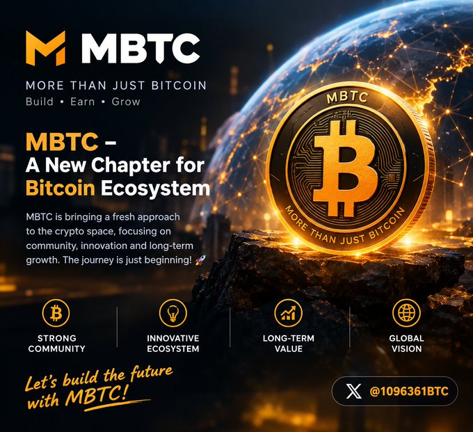 A promotional graphic for 'MBTC - More Than Just Bitcoin' cryptocurrency, featuring a gold Bitcoin coin, with an X handle '@1096361BTC' and slogans like 'Let's build the future with MBTC!'.