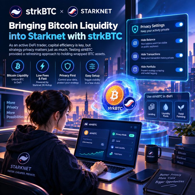 A person wearing a "STARKNET" hoodie works on a laptop displaying a strkBTC dashboard, surrounded by floating holographic panels highlighting features like Privacy Settings, Hide Balance/Transactions/Portfolio, and DeFi uses (Lending, Liquidity Pools, Yield Farming). The image visually reinforces the post's message about bringing Bitcoin liquidity into Starknet with strkBTC, emphasizing the platform's privacy-first approach and seamless DeFi integration.
