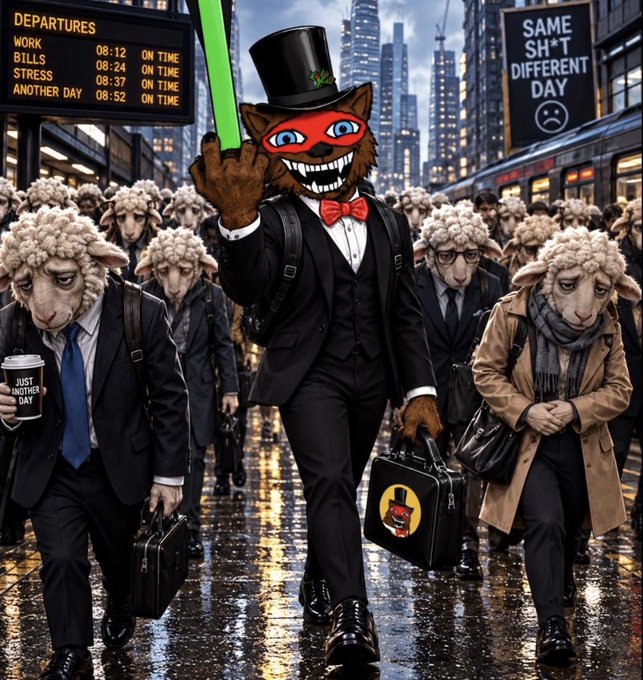 Surreal illustration of a Cheshire Cat-like character in a top hat and red mask walking through a rainy city street among sheep in business attire, with a departures board showing work-related times and signs reading 'SAME SH*T DIFFERENT DAY'.