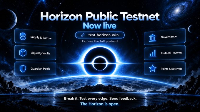 An advertisement graphic for 'Horizon Public Testnet' features a cosmic space background with a glowing portal, listing features like Supply & Borrow, Liquidity Vaults, and Guardian Pools, directing users to 'test.horizon.win'.